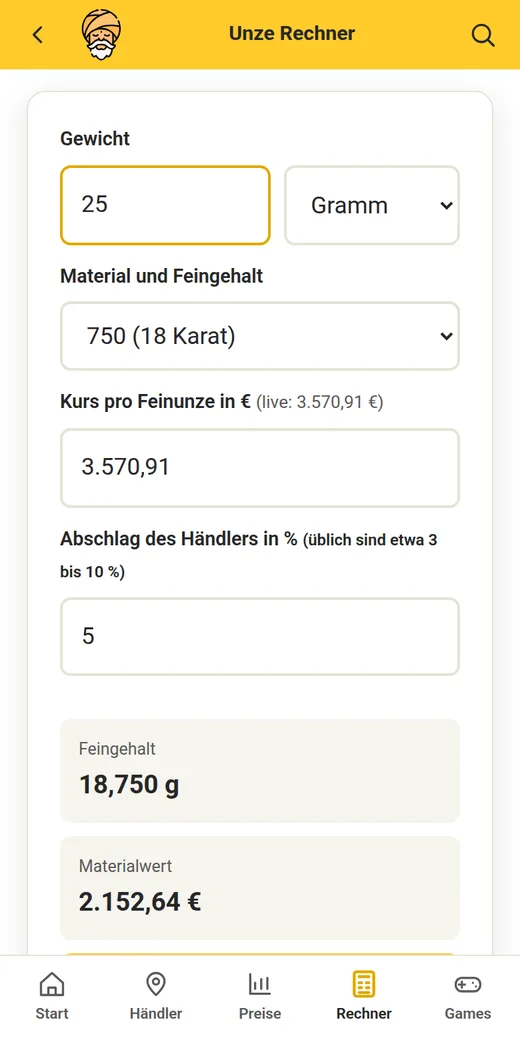 GoldGuru App: Goldwert-Rechner