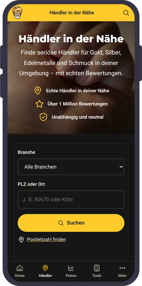 GoldGuru App: Händlersuche für Goldankauf und Silberankauf in der Nähe